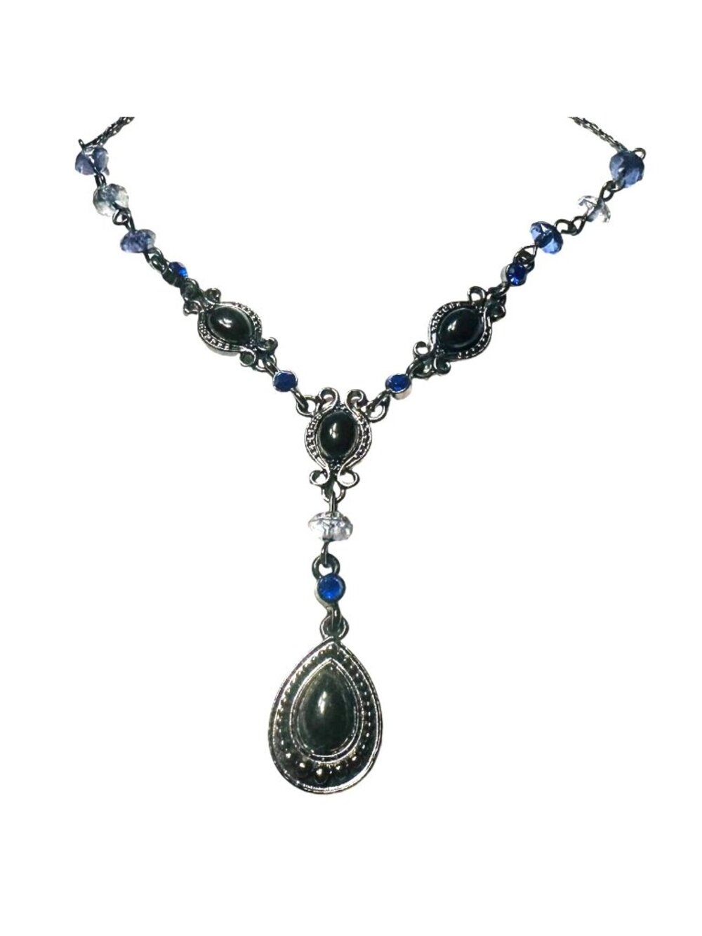 Avon Black & Blue Beaded Lariat Necklace With Teardrop Pendant